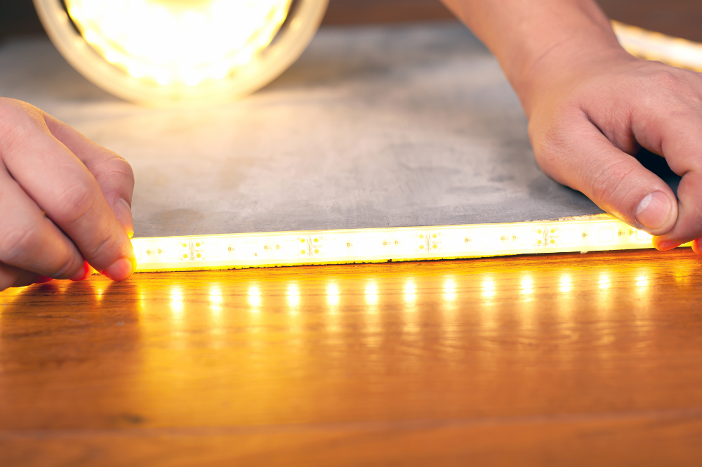 A person installs a yellow LED strip on a wooden floor, showcasing the LED PCB assembly process.
