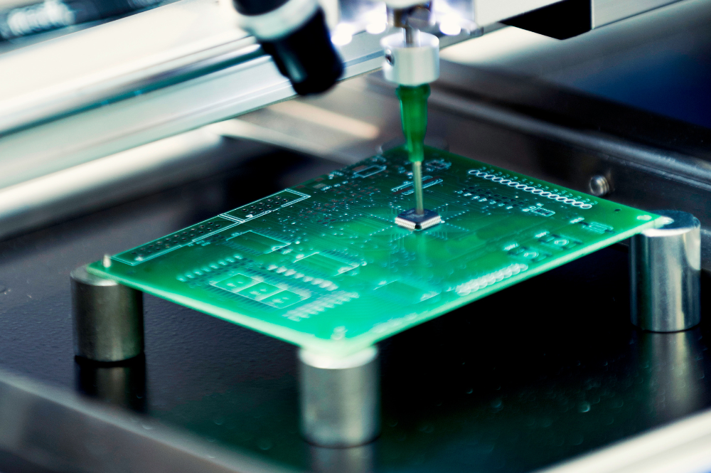 A machine works on a green electronic circuit board, emphasizing lead-free PCB manufacturing techniques.
