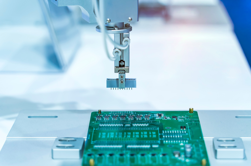 Close-up of a circuit board during quick turn PCB assembly, showcasing intricate components and soldering work.